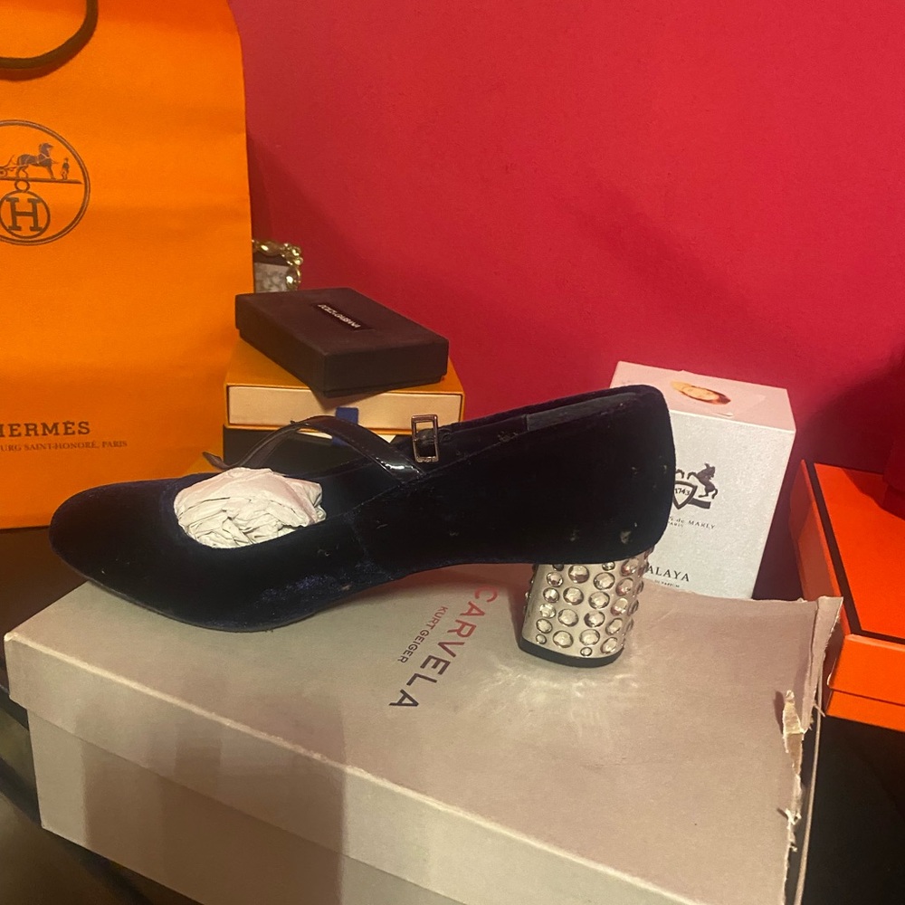 Kurt Geiger Navy Velvet Heels with Silver Embellished Heel